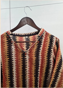 <b>Women</b> Multicolor Jute Cotton <b>Kurti</b> V Neck Printed Straight Tunic Full Sleeve Geometric Pattern Casual Ethnic Comfortable Wear - Product Image 3