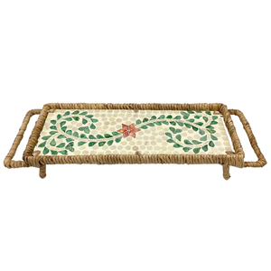 Bandeja Rectangular de MDF con Incrustaciones de Capiz con Hoja Verde, Patrón Floral Rojo, Mangos de Jacinto de Agua, Servicio Decorativo Elegante Hecho a Mano - Product Image 1