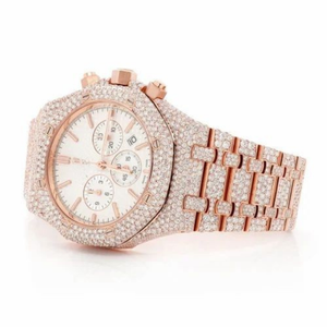 Montre chronographe de luxe en or rose entièrement sertie de moissanite pour homme, en acier inoxydable, aspect diamant, style hip-hop, logo personnalisé, quartz - Product Image 2