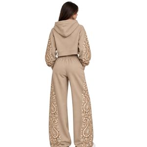 Beige Womens Paisley Print Crop Hoodie Wide Leg Pants Two Piece Tracksuit Casual Streetwear Loose Fit <b>Jogger</b> <b>Matching</b> Outfit <b>Set</b> - Product Image 3