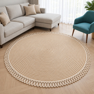 Alfombra Ovalada Bohemia Trenzada de Yute Ecológico, Color Beige Natural, Diseño Geométrico a Cuadros, Pelo Plano, Grosor Medio, para Sala de Estar - Product Image 4