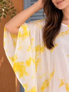 Yellow Tie Dye Chiffon <b>Kaftan</b> <b>Dress</b> Maxi Loose Fit Asymmetrical Hem Summer Casual Wear O-Neck Cap Sleeve - Product Image 2