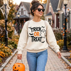 Sweat-shirt ample rétro pour femme, col rond, poignets côtelés, imprimé mignon « Trick or Treat », prix de gros - Product Image 6