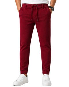 Men Wine <b>Red</b> Slim Fit Casual Jogger Pants Elastic Waist Drawstring Trousers Soft Fabric Comfortable Daily Wear Stylish Look - Product Image 1