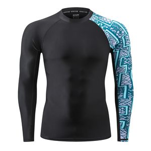 Men's Blue Long Sleeve Rash Guard Full Sleeve Quick Dry Polyester <b>Compression</b> <b>Shirt</b> Printed Pattern Outdoor Sport Top - Product Image 1