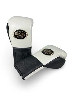 Gants de boxe professionnels en cuir de vache véritable à lacets, noir et blanc, No Boxing No Life, pour entraînement de combat, CP-BG-149 - Product Image 3
