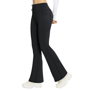 Leggings évasés noirs unis, doux et extensibles, avec taille élastique, sans coutures, effet push-up, pour le sport et le yoga, avec poches - Product Image 1