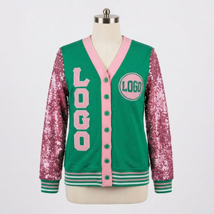 <b>Custom</b> Green Pink Sequin Sleeve V Neck Cardigan Sweater Women Greek Apparel Embroidery Logo Knit Button New Design Umri Sports - Product Image 1