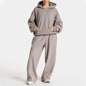 OEM Women's Stone Grey Contrastline <b>Oversized</b> <b>Sweatpants</b> Cotton Fleece Elastic Waist Back Pocket Premium Quality Wideleg Joggers - Product Image 6