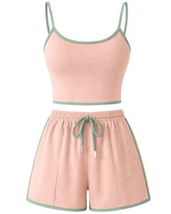 Peach Green Women Camisole And Shorts <b>Set</b> Summer Two Piece Outfit Cotton Blend Crop Top Drawstring Shorts Casual Lounge <b>Set</b> - Product Image 1