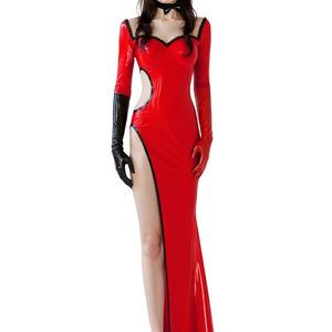 <b>Red</b> <b>Latex</b> Bodycon Maxi <b>Dress</b> With Sweetheart Neck Long Sleeve High Slit Party Wear - Product Image 3