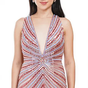Wholesale Sexy Plunging Neckline Sparkly Sequin Maxi Dress High <b>Thigh</b> Split Mermaid Long Floor-Length Gala Dinner Gown - Product Image 5