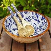 Ensemble de bols de service en bois de manguier faits à la main avec cuillères assorties et impression émaillée sélectionnée - Océan
