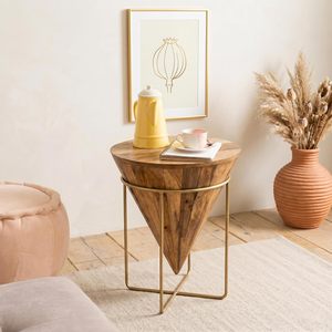Table d'appoint en bois massif en forme de cône inversé avec structure géométrique en fil de laiton - Product Image 2