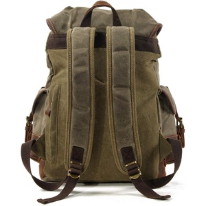 Genuine Leather and Waxed <b>Canvas</b> Travel <b>Backpack</b> Durable Outdoor Hiking Rucksack - Product Image 3