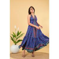 Robe longue vintage en soie tissée pour femme, dos nu, col en V, taille élastique, imprimé floral, lavable, coupe trapèze, pour l'été, la plage et les soirées