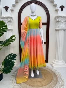 Ensemble indien pakistanais dégradé en Foux Georgette, style Anarkali, avec blouse à col en V, Dupatta et bordure en strass, longueur au sol, séchage rapide - Product Image 1