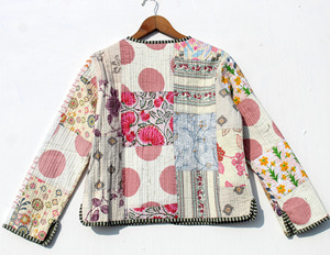 Chaqueta Acolchada de Algodón Hecha a Mano para Mujer, Estilo Boho, Chaqueta Kimono Abierta por Delante con Ribete a Rayas, Reversible - Product Image 6