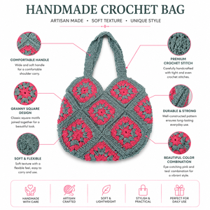 Bolso de mano de ganchillo de algodón hecho a mano, bolso de hombro tejido con cuadrados Granny Square, bolso de compras de moda boho para el mercado y la playa - Product Image 6