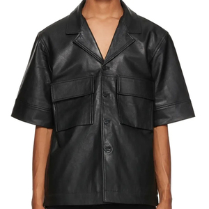 Chemise à manches courtes en cuir PU noir pour homme – Haut oversize style streetwear à col camp – Fabricant de vêtements OEM - Product Image 5