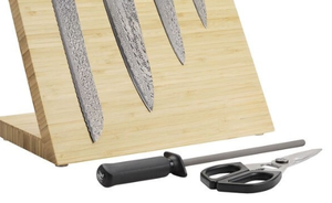 <b>Black</b> <b>Handle</b> <b>Kitchen</b> Knives Set with Silver Patterned Blades Light Brown Display Holder Scissors and Honing Rod for Food Prep - Product Image 4