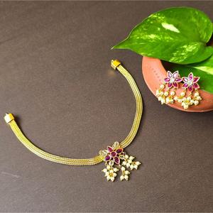 <b>Ruby</b> Kemp Stone Attigai 24K Gold Plated Bridal <b>Necklace</b> and Earring Set - Product Image 3