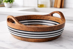 Natural Acacia Wood Serving Tray with Handles | Decorative Fruit Bowl | Wooden <b>Bread</b> <b>Basket</b> for Home & Hotel - Product Image 2
