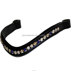 Bandeau de tête pour cheval en cuir équestre original avec une seule couche de pierres bleues, blanches et dorées, chaîne scintillante, bandeau de tête à canal vide - Product Image 1