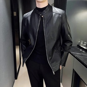 Autumn Men's Casual Coated Genuine Leather Varsity Jacket Fashionable Loose Fit Stand Collar Front Logo Motorcycle <b>Clothing</b> - Product Image 2