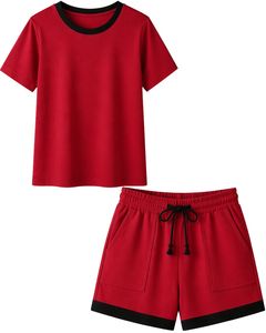 Red Women Lounge Set Black Contrast <b>Trim</b> Short Sleeve TShirt And Shorts Casual Two Piece Outfit Soft Breathable Cotton Blend Set - Product Image 1