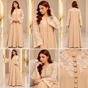 Women Lace Dantel Abaya UAE Loose Flared Long Modest Islamic <b>Dress</b> Button Front Wide Sleeve Luxury Wholesale OEM ODM Elegant New - Product Image 3