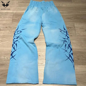 Street Wear High Waist Rhinestone Acid Washed Printing Men Wear Vintage Sun Faded Plus Size Baggy <b>Jogger</b> <b>Stacked</b> Flare Trousers - Product Image 4