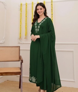Green Cotton Embroidered <b>Kurta</b> Set <b>Women</b> Indian Pakistani Outfit Floral Neck with Dupatta Pants Wedding Party for <b>Women</b> Fit - Product Image 1