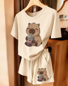 Beige Girls Casual 2Pcs Set Short Sleeve T-Shirt Print Solid Color Elastic Waist Shorts Comfortable Pajamas Summer Outfit - Product Image 6