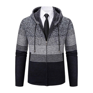 Men's Hooded Zipper Cardigan Striped Wool Acrylic Knit <b>Sweater</b> Full Sleeve Winter Wear - Product Image 3
