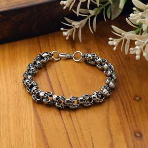 Pulsera de Cadena con Calavera para Hombre, Latón Plateado Antiguo, Joyería Gótica Punk para Motociclistas, Venta al por Mayor, Personalizado OEM ODM Jaipur - Product Image 1