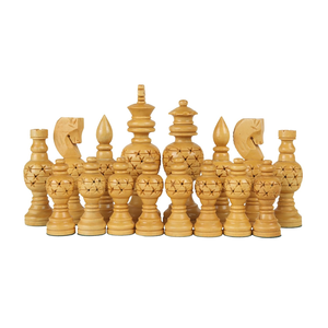 Handcrafted <b>Wooden</b> <b>Chess</b> Pieces <b>Set</b>, Brown and Natural Wood, Carved Star Pattern Design Traditional Style Full Size Tournament - Product Image 3