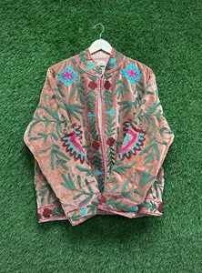 Artisan Pink Suzani <b>Velvet</b> <b>Jacket</b> Multicolor Floral Embroidery Stand Collar Bohemian Vintage <b>Women</b> Outerwear - Product Image 4