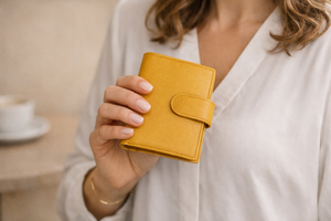 WRIZA Cartera compacta de piel auténtica amarilla mostaza para mujer con cierre de botón a presión, tarjetero multifuncional hecho a mano - Product Image 2