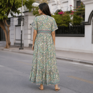 Premium Silk Maxi <b>Dress</b> Gown Free Size Ibiza Boho Mint Lavender Paisley Print with Flutter Sleeves for Women Beach Vacation Wear - Product Image 3