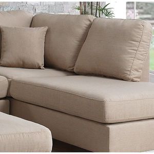 Divano Chaise Longue Reversibile con Pouf, Set 3 Pezzi in Tessuto Polyfiber, Arredamento Soggiorno con Cuscini Color Sabbia - Product Image 4