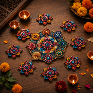 Ensemble de rangolis en bois réutilisables en gros avec motifs d'éléphant et de lotus, art de sol modulaire multi-pièces pour la décoration de Diwali et de mariage - Product Image 3