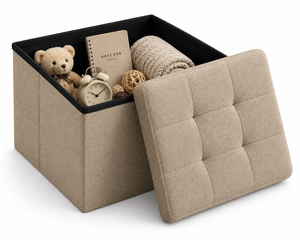 Pouf de rangement en tissu capitonné avec couvercle, couleur taupe clair, pour salon, meubles de maison - Product Image 4