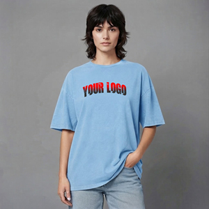Camiseta de cuello redondo extragrande para mujer, color sólido, con impresión de logotipo personalizado, corte holgado, manga corta, 100% algodón, transpirable, camiseta de algodón para mujer - Product Image 4
