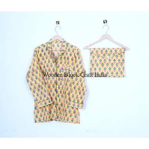 ชุดนอนอินเดียผ้าฝ้ายพิมพ์ลายบล็อก 100% ชุดเพื่อนเจ้าสาวผ้าฝ้ายพิมพ์ลายดอกไม้และเสื้อเชิ้ต ชุดนอนผ้าฝ้ายแท้ 100% ทำมือในอินเดีย - Product Image 3