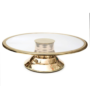 Support à gâteau rond en métal avec bordure dorée et plateau en verre, réutilisable pour gâteaux élégants et présentoir à gâteaux pour la maison et l'hôtel - Product Image 1