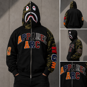 Sudadera con capucha de camuflaje rosa para hombre, con cremallera completa, estilo urbano personalizado, corte oversize, con parche bordado, diseño de cuello alto, tejido grueso - Product Image 5