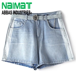High Waisted Light Blue Denim Shorts for Women with Matching Belt and Side Stripe Details Relaxed Fit Jean Shorts - Product Image 1