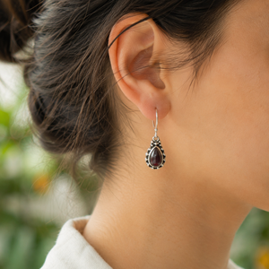 Boucles d'oreilles pendantes en argent sterling 925 avec grenat naturel pour femmes, style vintage bohème, plaqué or rose et jaune, bijoux faits à la main - Product Image 3