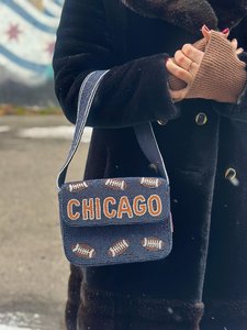 Chicago Football Pattern Glass Crossbody <b>Bag</b> with <b>Navy</b> Blue Orange Text Brown Accents - Product Image 5